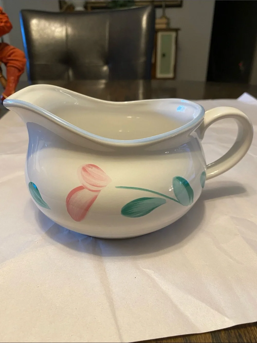 White Ceramic Creamer Pitcher with Pink Floral Design